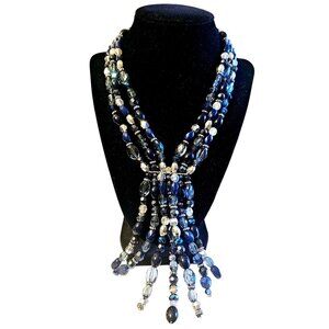 Erica Lyons Boho Large Chunky Blue Silver Bead Three-Strand Dangle Bib Necklace